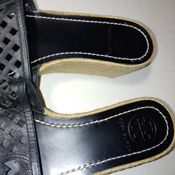 Tory Burch Black Perforated Slide Leather Espadrille Wedge Sandals Size 8 - Picture 4 of 10